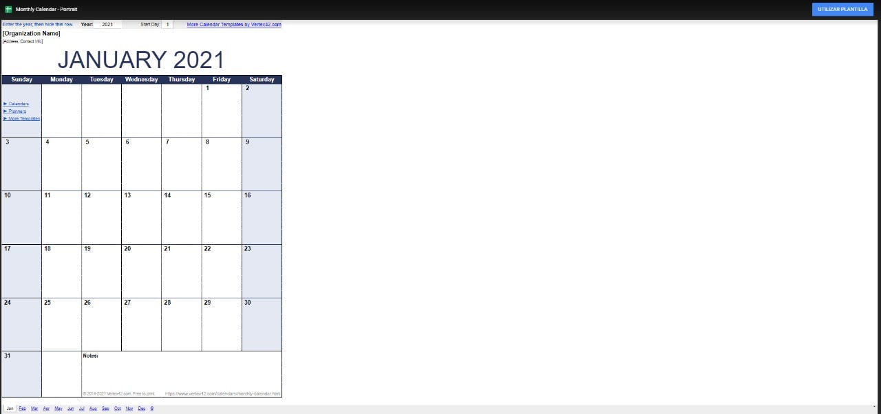 Calendario anual template de Google Sheets