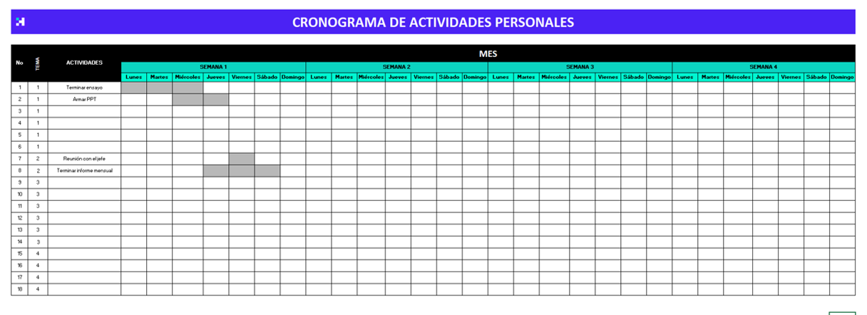 cronograma de actividades personales