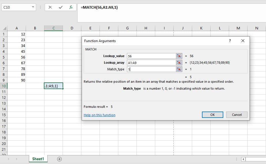ejemplo de coincidir funcion excel