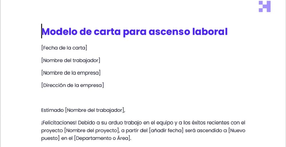 Modelo de carta de ascenso laboral