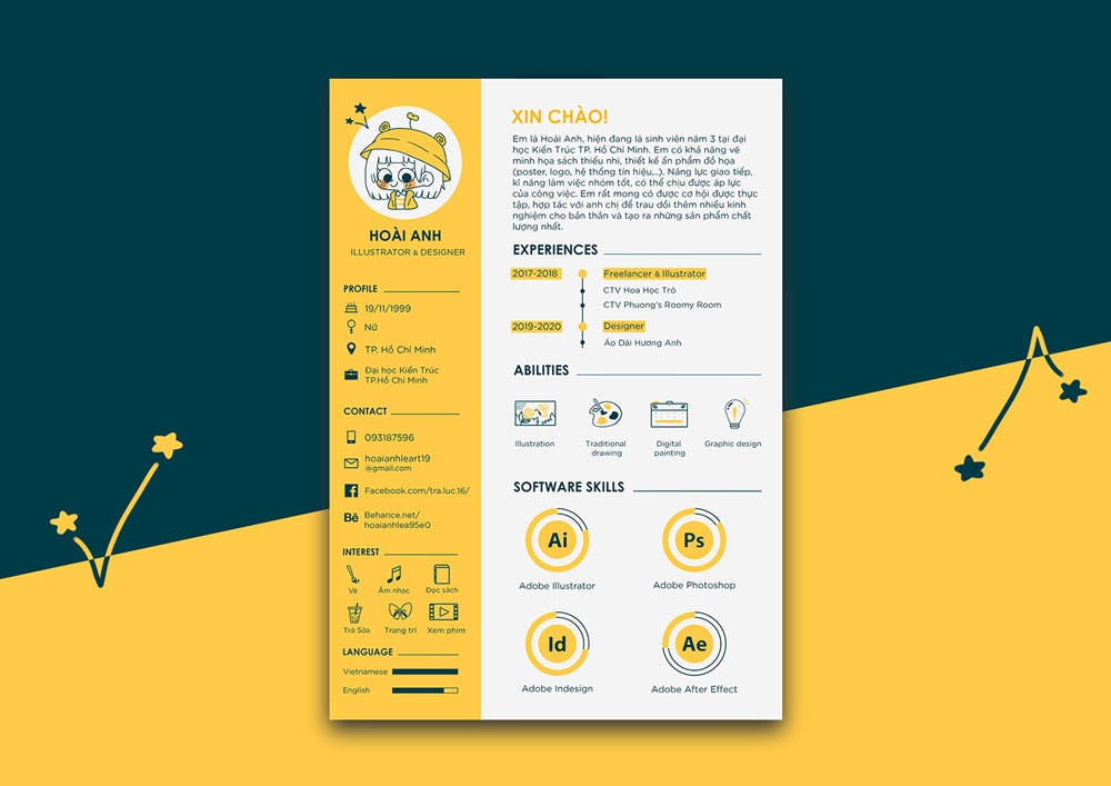 ejemplo de currículum creativo diseñado por Hoài Anh Lê
