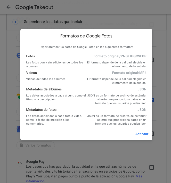 Formatos de Google Takeout para recuperar fotos borradas de Google Fotos