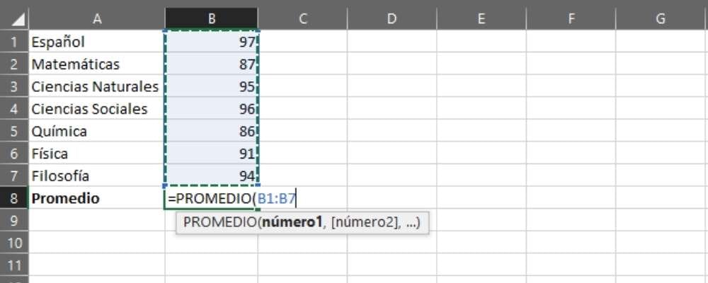 selección del rango de celdas para el cálculo de promedios