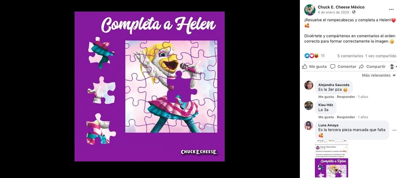 Resuleve el rompecabezas Giveaway Facebook Chuck E Cheese Mexico