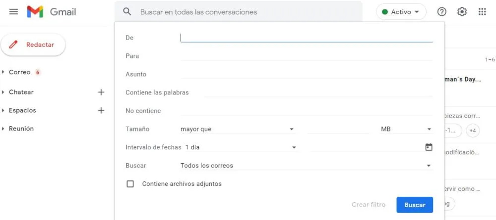 ventana para crear filtros en Gmail