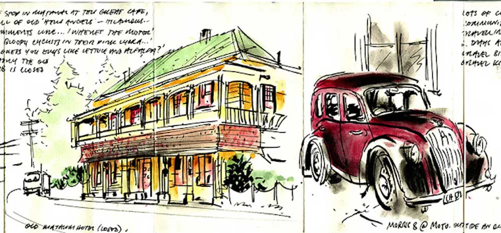 dibujo urbano de casas y autos por murray dewhurst
