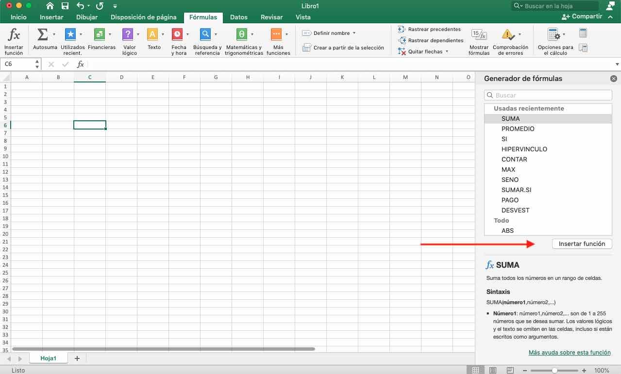 Opción Insertar función en Excel
