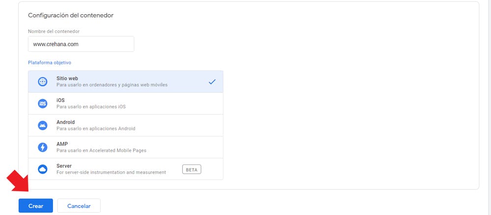 configuración del contenedor en Google Tag Manager