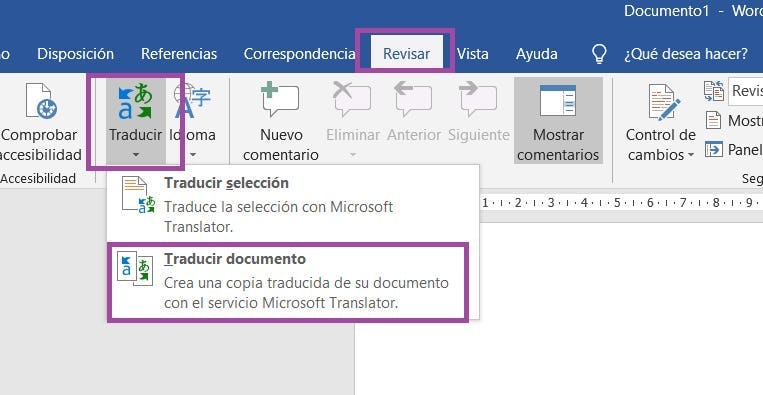 ventana de Traducir documento en Word