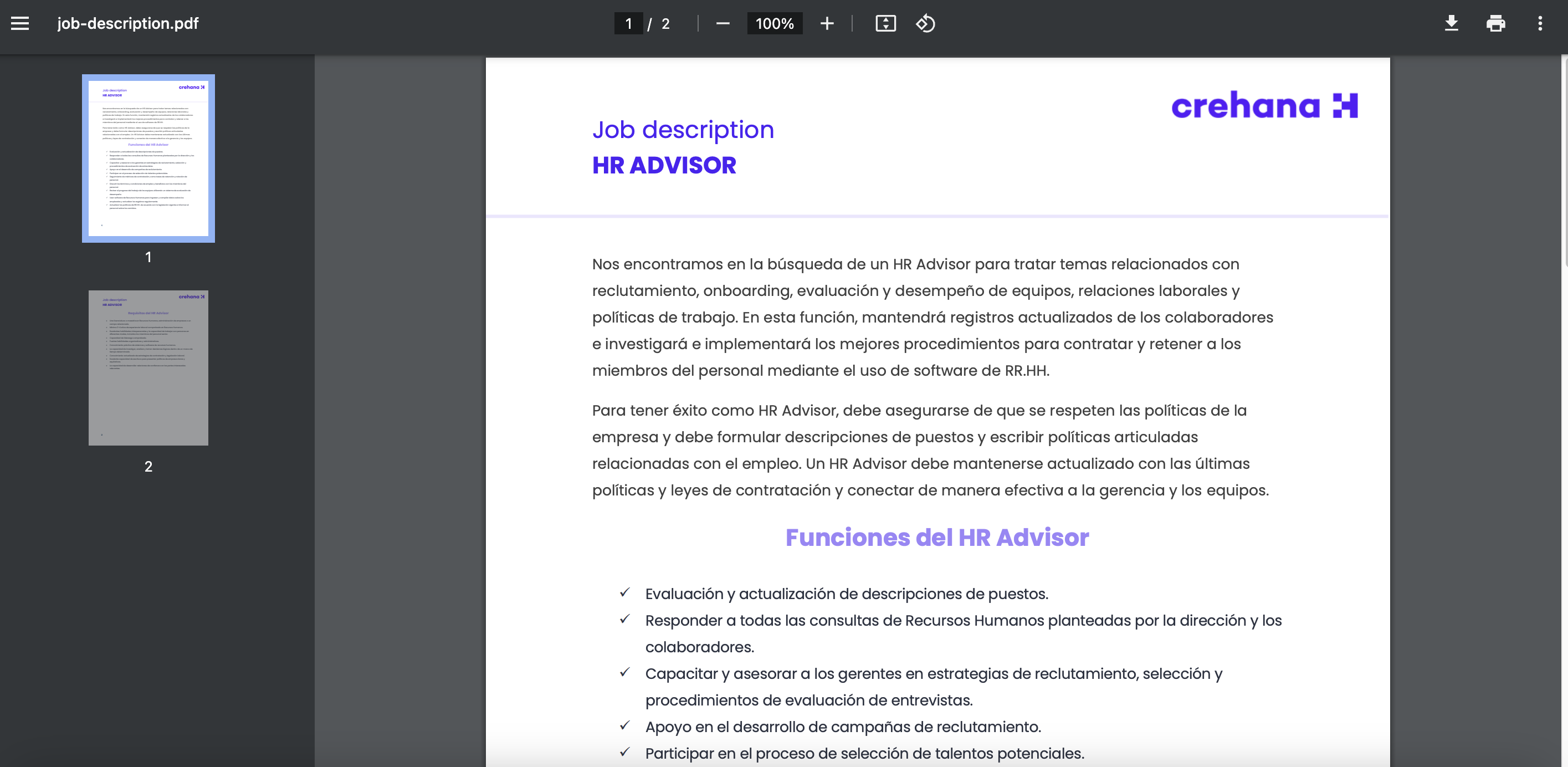 job description de un HR Advisor 