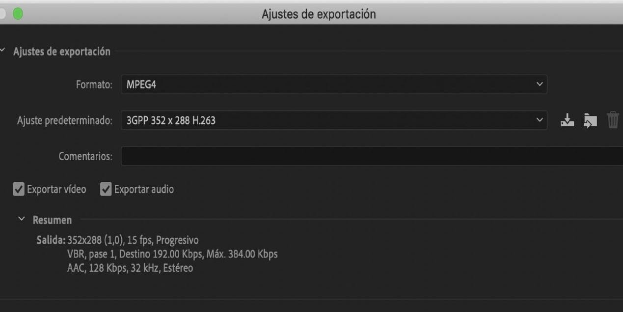 ajustes de exportación Adobe Media Encoder