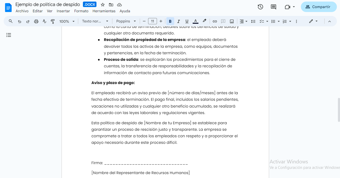 ejemplo de política de despido personalizable en Word por Crehana