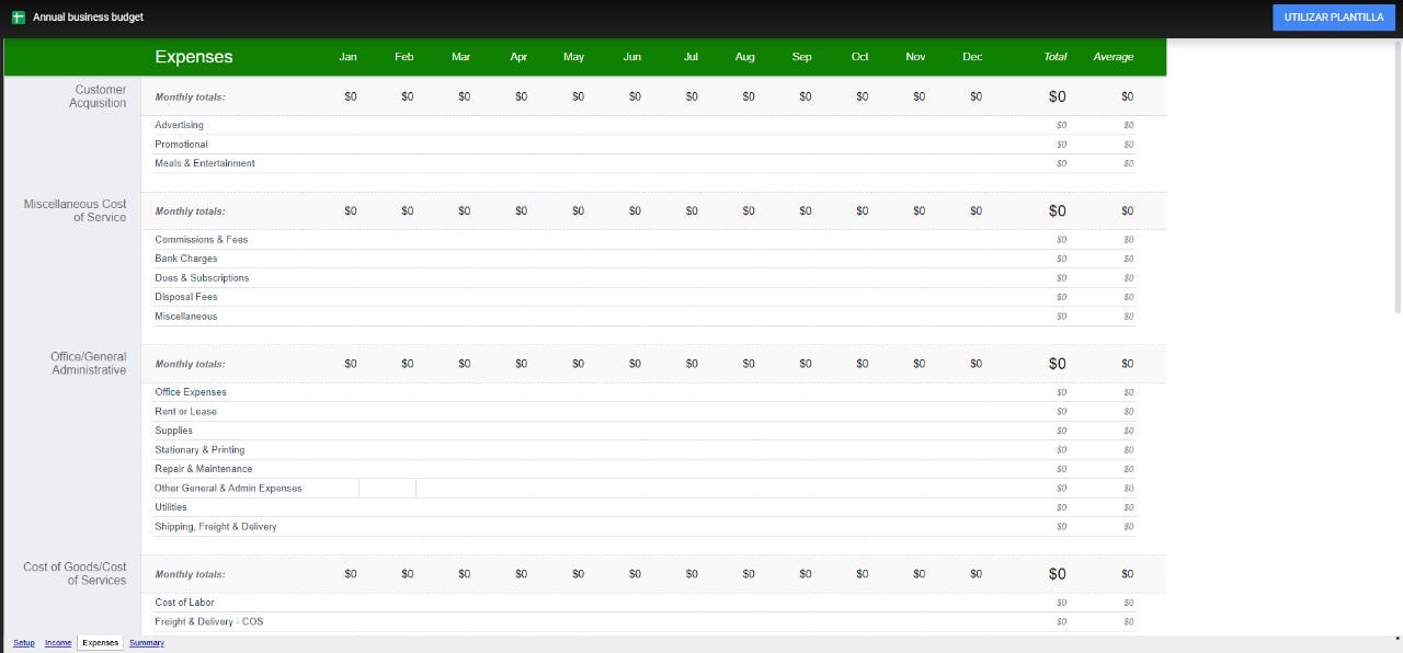 Presupuesto comercial plantilla de Google Sheets