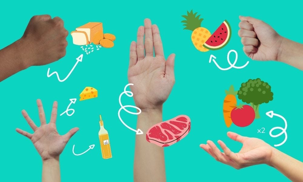 porciones de comida medidas con las manos