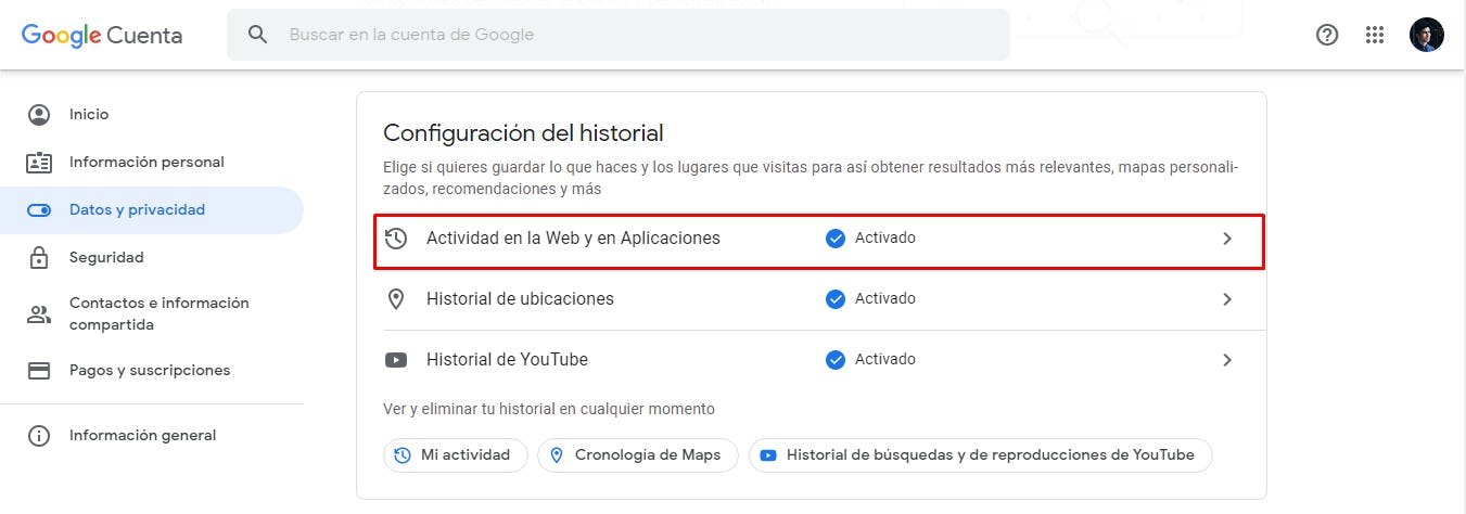 Panel de datos y seguridad en cuenta de Google