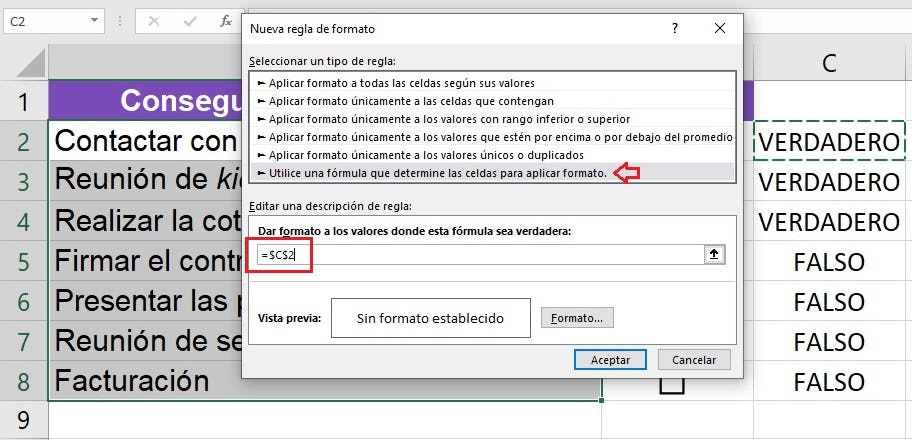 checklist en Excel con formato condicional