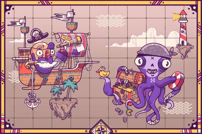 ilustracion grafica bote pulpo pirata