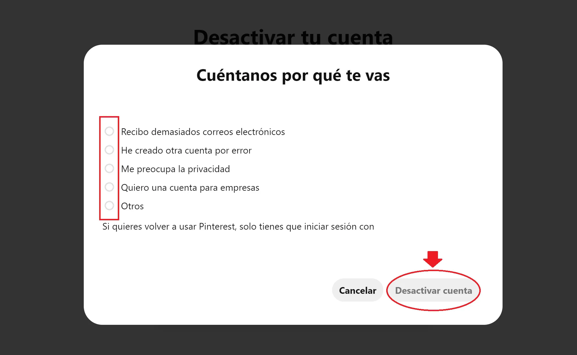 eliminar cuenta de pinterest ultimo paso