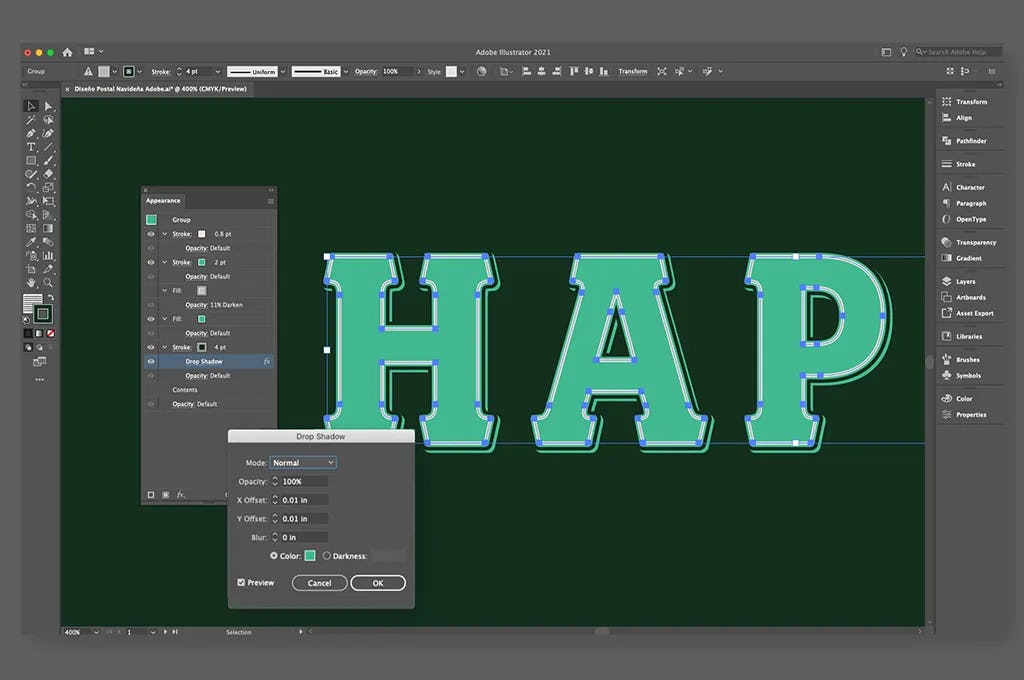 panel de apariencias para diseño de tarjetas de Navidad en 3D