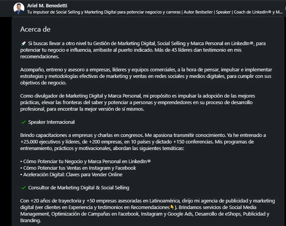 Ariel M. Benedetti, top voice y su descripción de linkedin