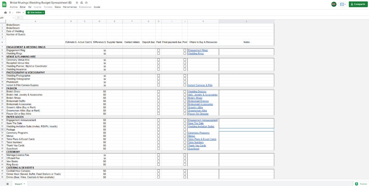 organizador de bodas plantilla de Google Sheets