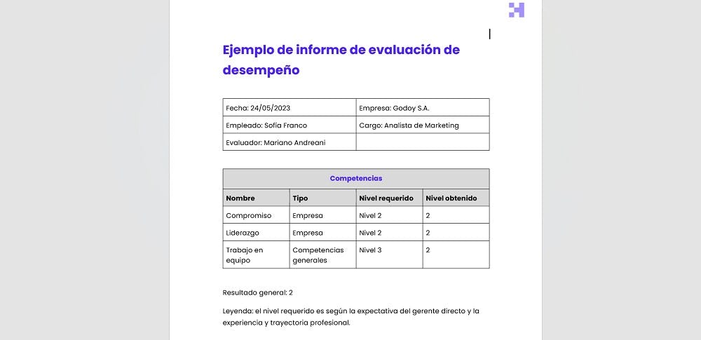 ejemplo de informe de evaluación de desempeño