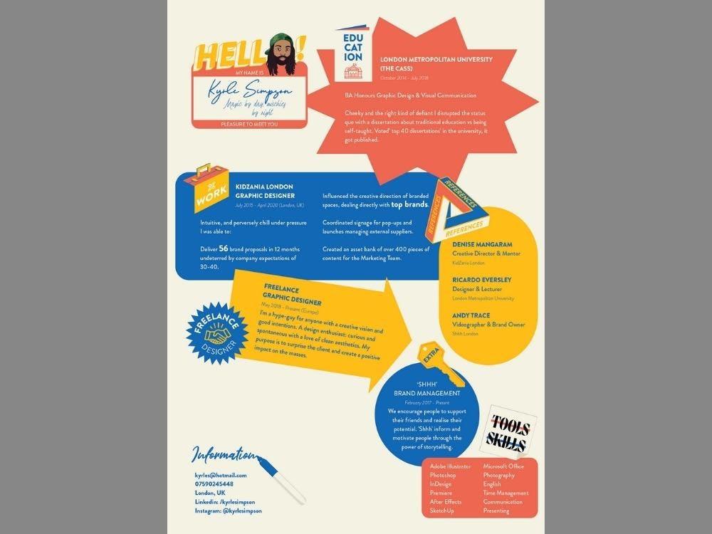 ejemplo de currículum creativo diseñado por Kyrle Simpson