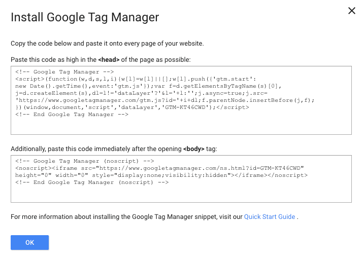 fragmentos de códigos de Google Tag Manager