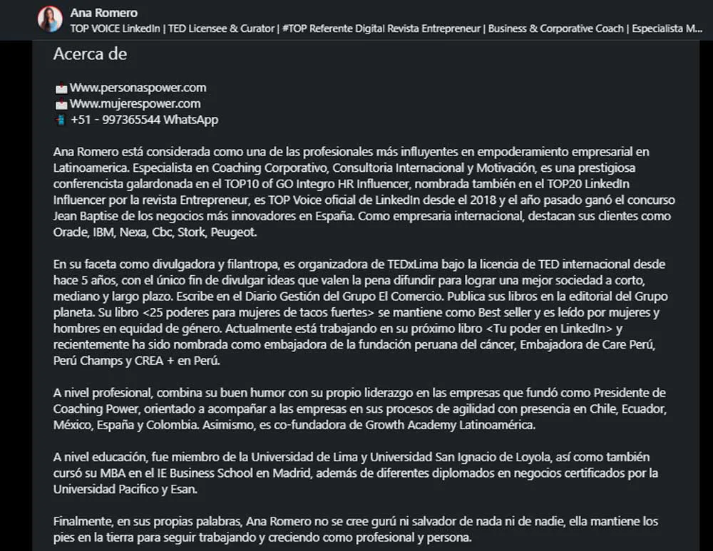 descripción de linkedin del perfil de Ana Romero