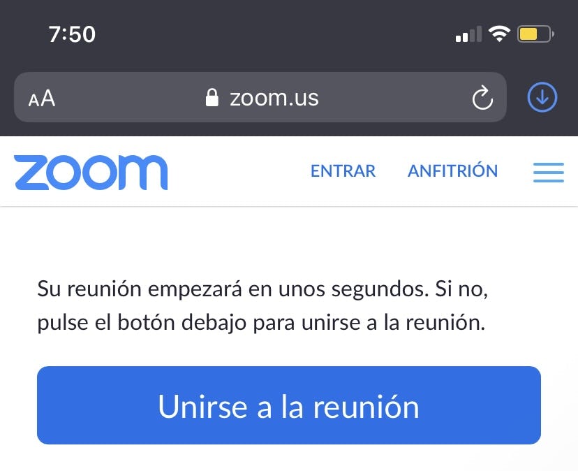 página web móvil de Zoom