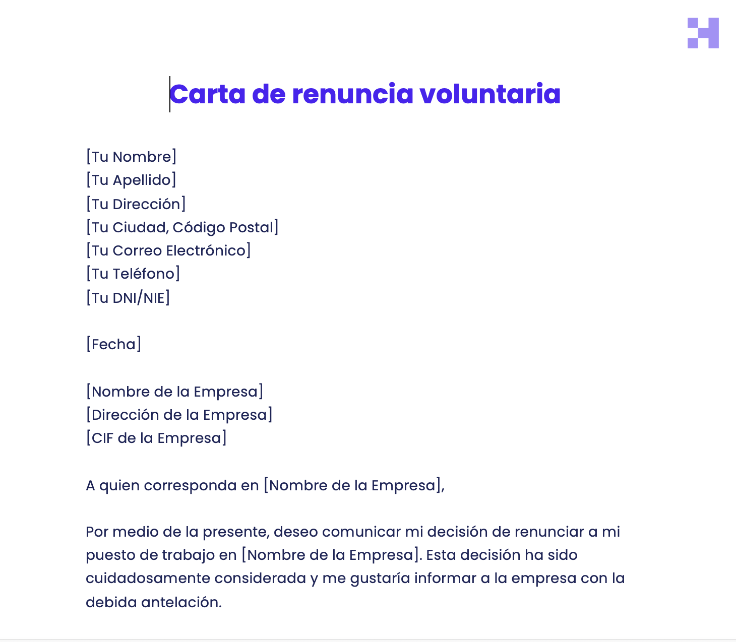 plantilla de carta de renuncia voluntaria en Word 