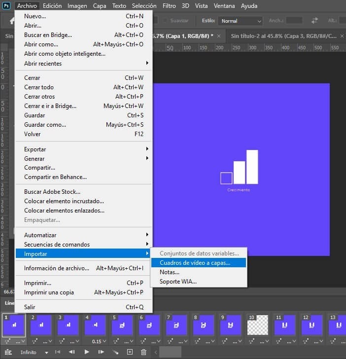 importar cuadros de video a capas Photoshop