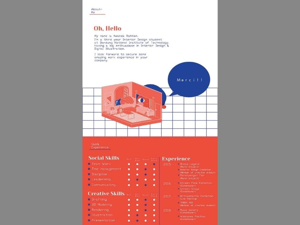 ejemplo de currículum creativo diseñado por Awanda Rahman