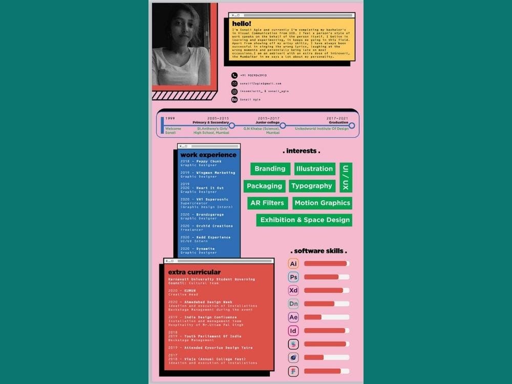 ejemplo de currículum creativo diseñado por Sonali Agle
