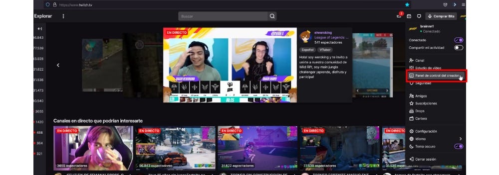 Paso 1.1  de cómo poner anuncios en Twitch