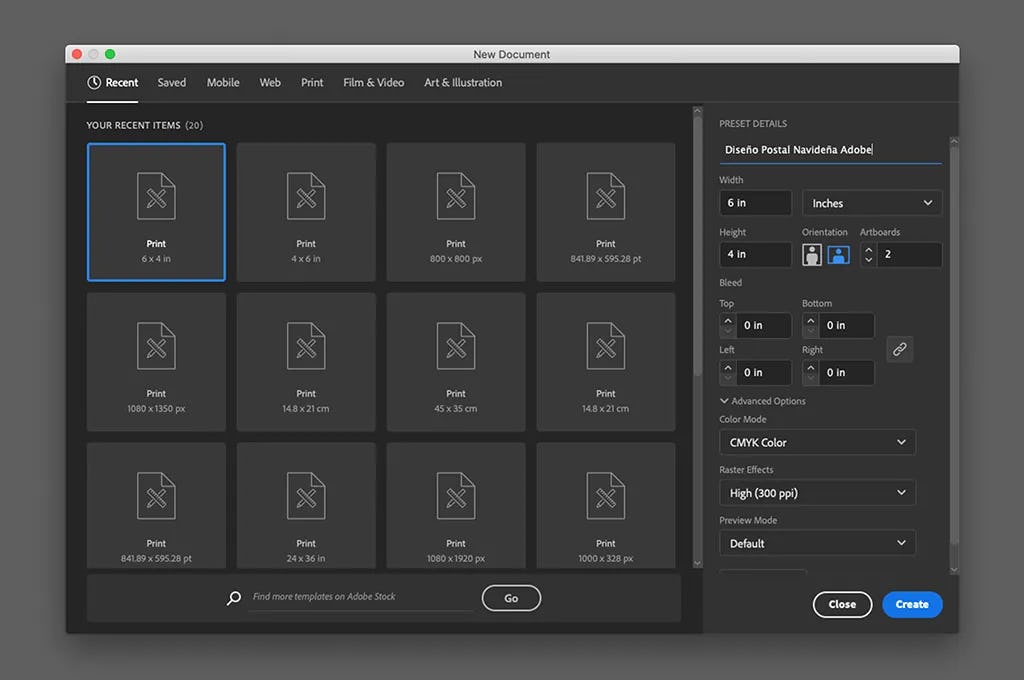 nuevo documento en Adobe Illustrator para hacer tarjetas de Navidad en 3D