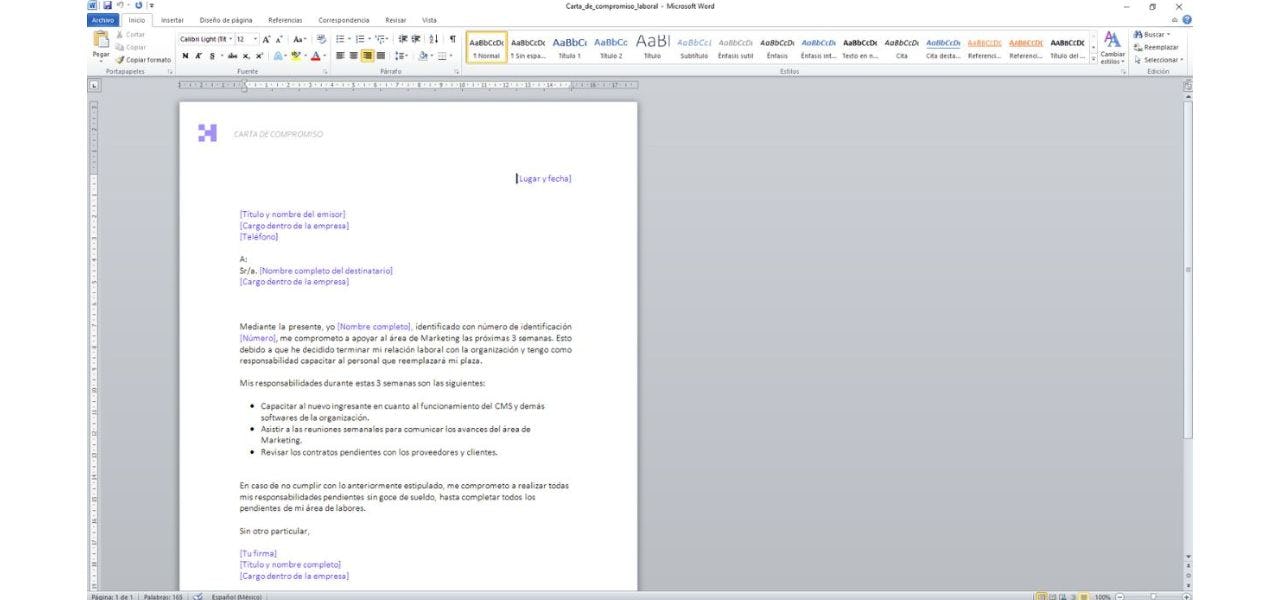 Carta de compromiso laboral