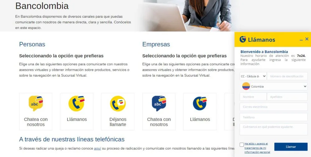 Página contáctanos Bancolombia