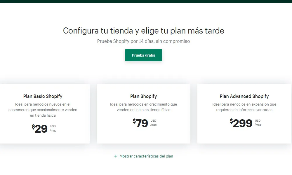 Precios de Shopify según el dinero a invertir en el plan