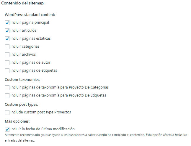 ajustes de contenido del sitemap