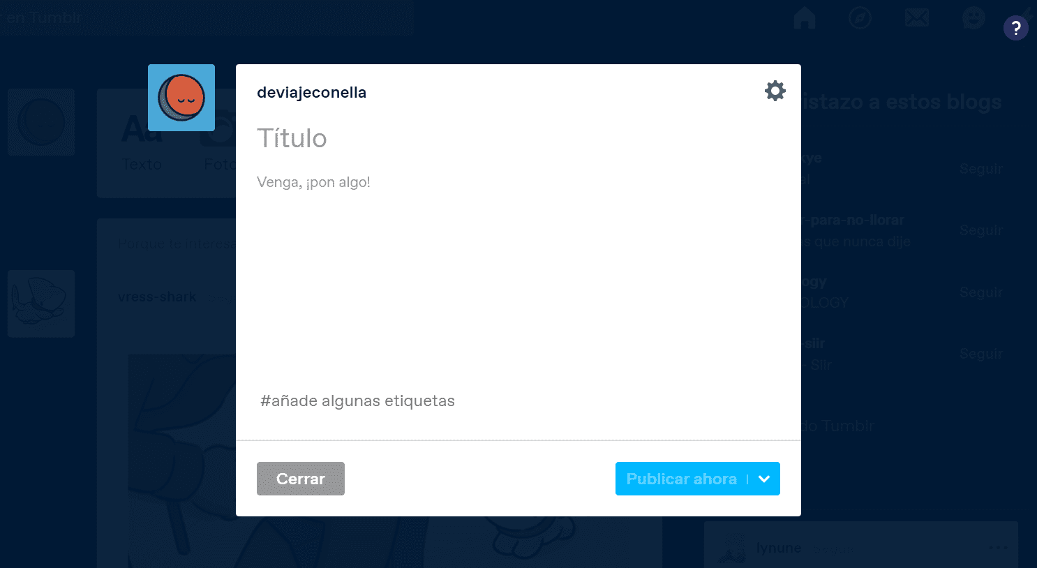 espacio para hacer publicación en Tumblr