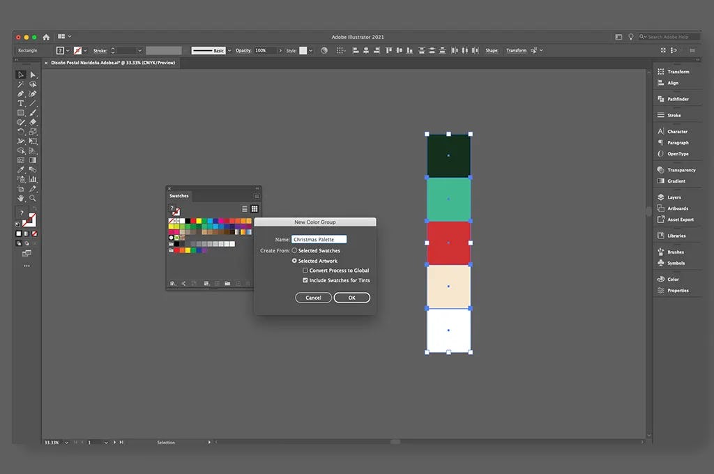 establecer un grupo de colores en Illustrator para hacer tarjetas de Navidad en 3D