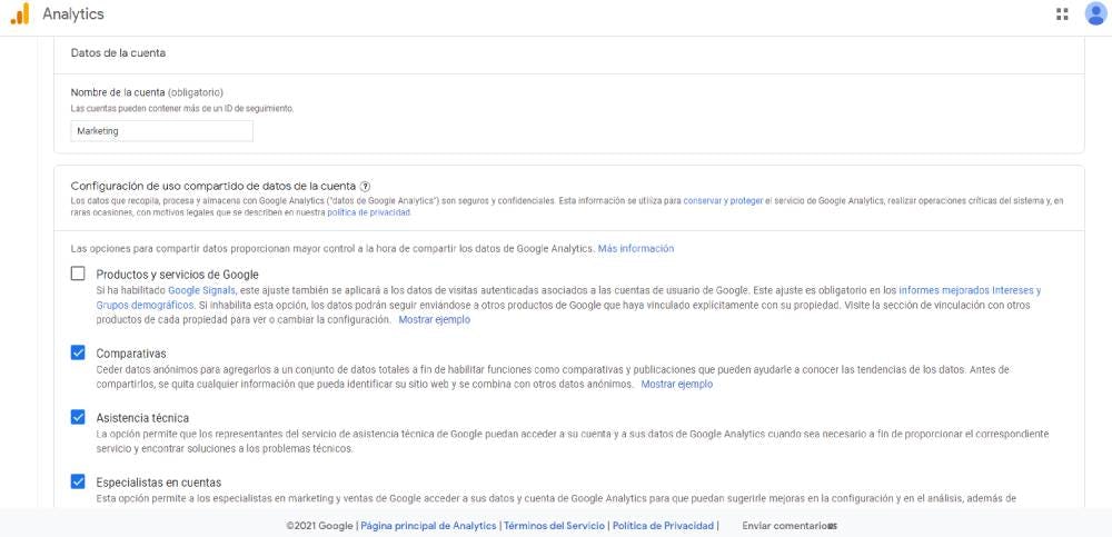 Cuenta Google Analytics