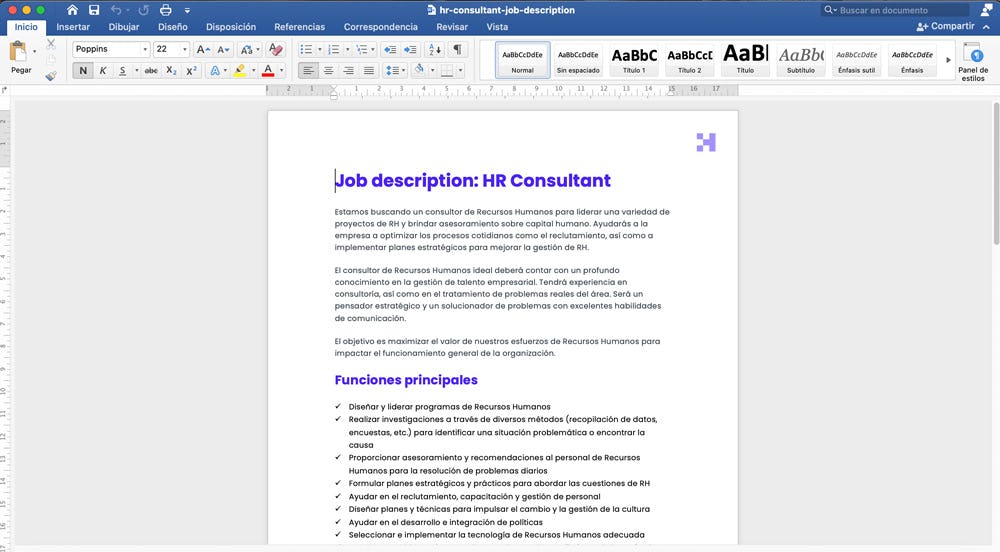 Descripción de puesto de HR Consultant
