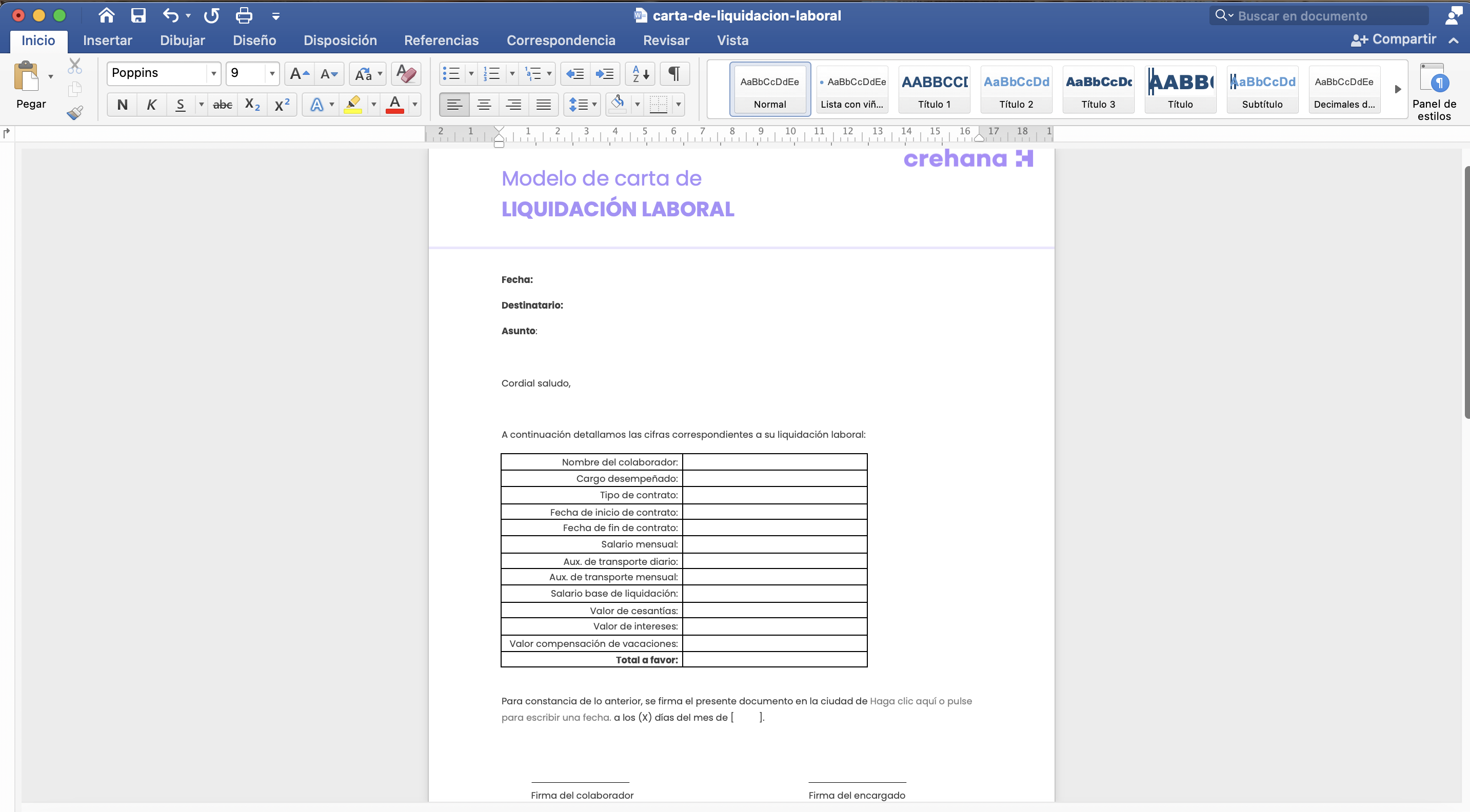modelo de carta de liquidación laboral
