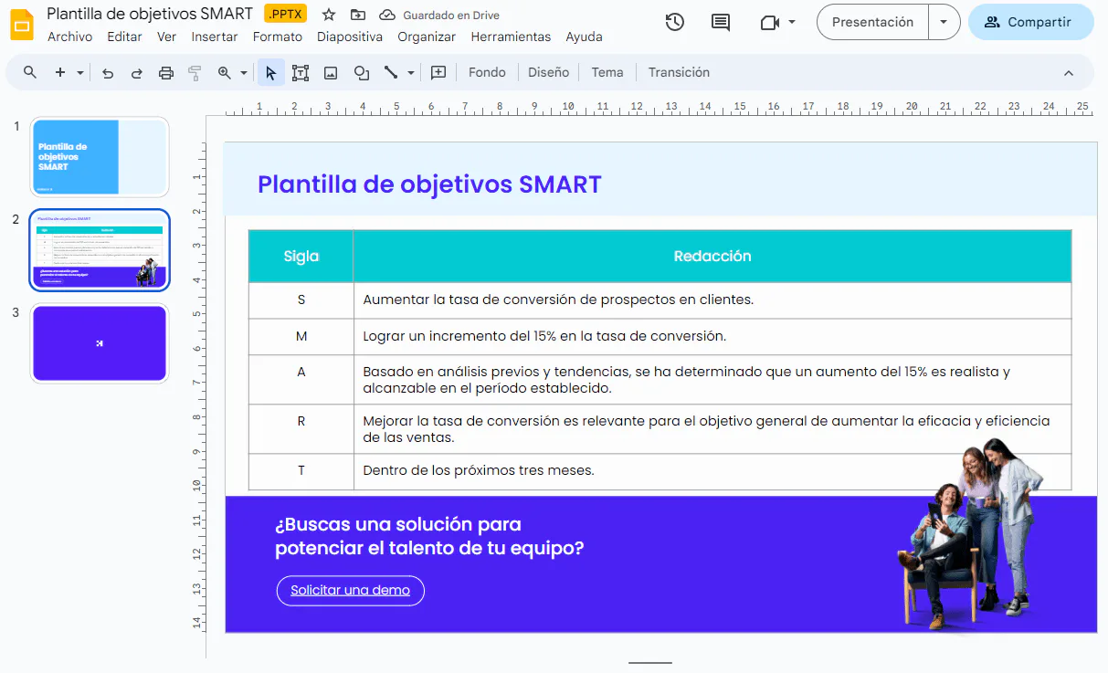 ejemplo de objetivos SMART por Crehana plantilla