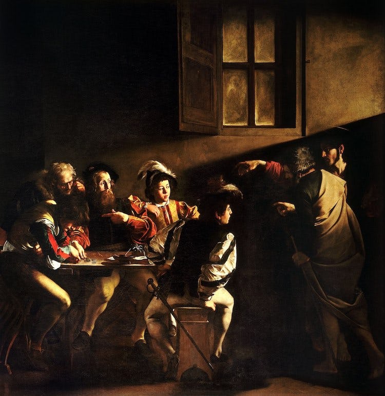 “La vocación de San Mateo” de Caravaggio técnica claroscuro pintura al óleo