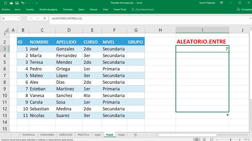 Fórmula ALEATORIO ENTRE de Excel