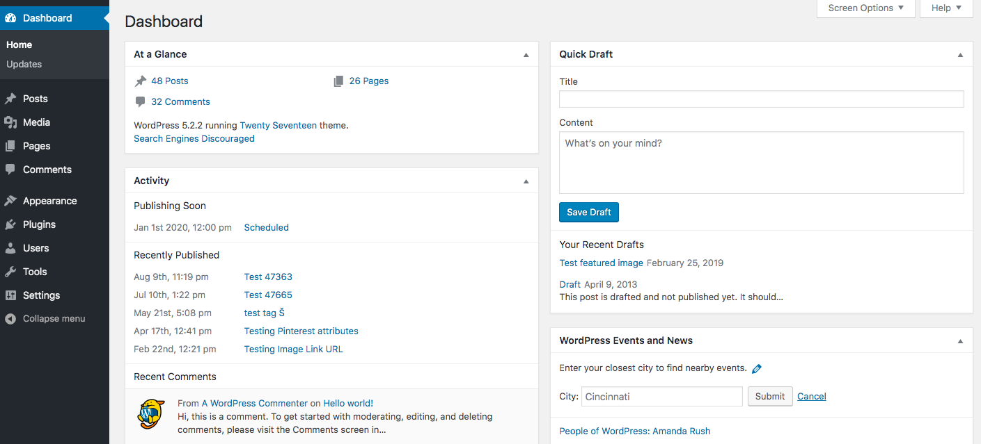 El dashboard de Wordpress es un paradigma de los CMS.