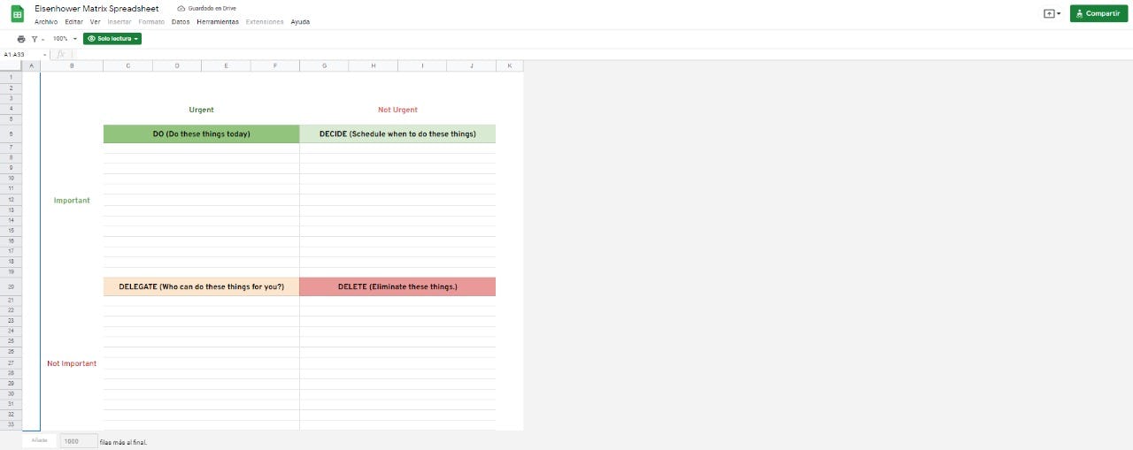 Actividades urgentes y no urgentes plantilla de Google Sheets